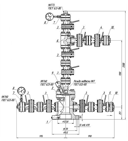 Схема арматуры устьевой АФК2(Ш)-65х21(14,35)К1(К2)М4